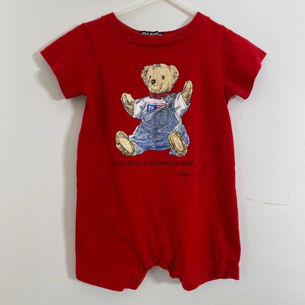 Vintage Ralph Lauren Polo Bear Baby Romper Size 3-6 Months One Piece Preppy Red